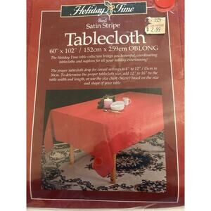 Vintage Holiday Time Red Tablecloth Oblong 60"x 102"‎ Christmas Satin Stripe NEW